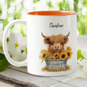 Cute Highland Cow Sunflowers Floral Custom Two-Tone Coffee Mug