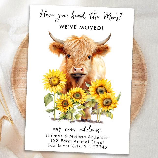 Cute Highland Cow Sunflowers New Address Moving Announcement (Creator Uploaded)