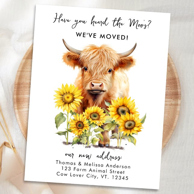Cute Highland Cow Sunflowers New Address Moving Announcement Postcard (Creator Uploaded)