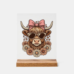 Cute Highland Cow Sunglasses Pink Bow Vintage Art_ Acrylic Sign