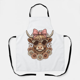 Cute Highland Cow Sunglasses Pink Bow Vintage Art_ Apron
