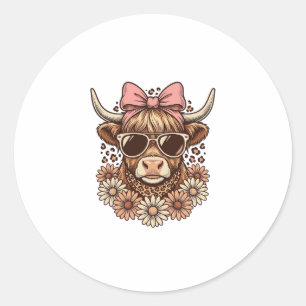 Cute Highland Cow Sunglasses Pink Bow Vintage Art_ Classic Round Sticker