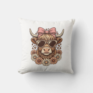 Cute Highland Cow Sunglasses Pink Bow Vintage Art_ Cushion