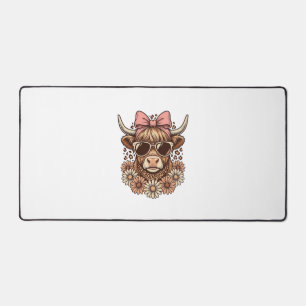 Cute Highland Cow Sunglasses Pink Bow Vintage Art_ Desk Mat