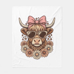 Cute Highland Cow Sunglasses Pink Bow Vintage Art_ Fleece Blanket