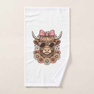 Cute Highland Cow Sunglasses Pink Bow Vintage Art_ Hand Towel