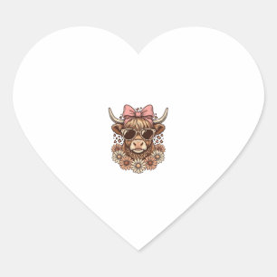 Cute Highland Cow Sunglasses Pink Bow Vintage Art_ Heart Sticker