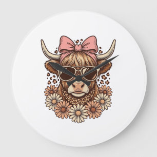 Cute Highland Cow Sunglasses Pink Bow Vintage Art_ Large Clock