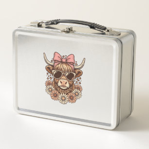 Cute Highland Cow Sunglasses Pink Bow Vintage Art_ Metal Lunch Box
