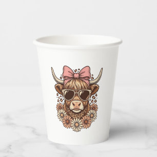Cute Highland Cow Sunglasses Pink Bow Vintage Art_ Paper Cups