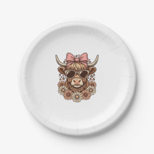 Cute Highland Cow Sunglasses Pink Bow Vintage Art_ Paper Plate
