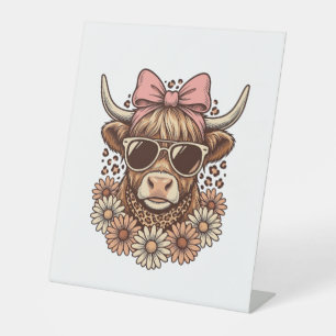 Cute Highland Cow Sunglasses Pink Bow Vintage Art_ Pedestal Sign