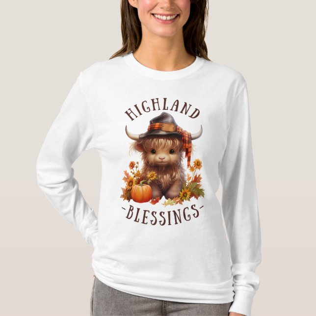 Cute Highland Cow Thanksgiving Blessings T-Shirt (Front)