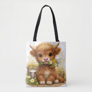 Cute Highland Cow Tote Bag with Flowers