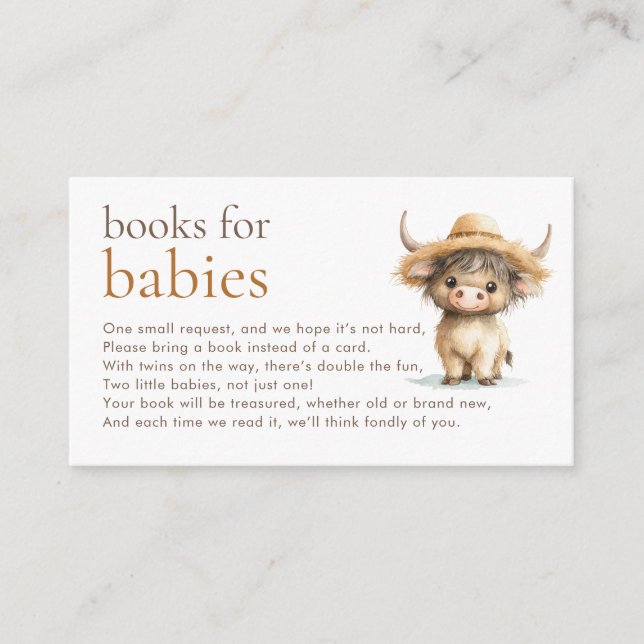 Cute Highland Cow Twins Books for Baby Shower  Enclosure Card (Front)