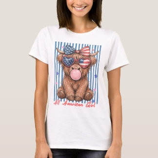 Cute Highland Cow USA Patriotic Girly Liberty Fun T-Shirt