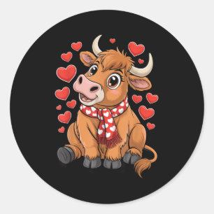 Cute Highland Cow Valentine Day Funny Hearts Women Classic Round Sticker