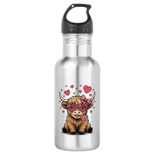 Cute Highland Cow Valentine Heart Glasses Vector_1 532 Ml Water Bottle