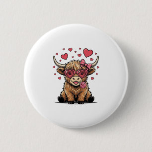 Cute Highland Cow Valentine Heart Glasses Vector_1 6 Cm Round Badge