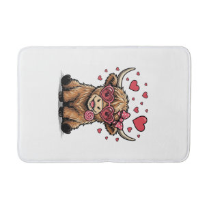 Cute Highland Cow Valentine Heart Glasses Vector_1 Bath Mat