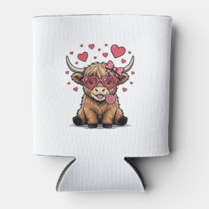 Cute Highland Cow Valentine Heart Glasses Vector_1 Can Cooler
