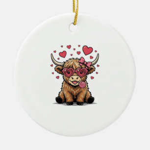 Cute Highland Cow Valentine Heart Glasses Vector_1 Ceramic Tree Decoration