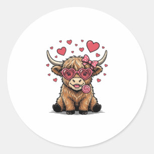 Cute Highland Cow Valentine Heart Glasses Vector_1 Classic Round Sticker