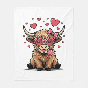Cute Highland Cow Valentine Heart Glasses Vector_1 Fleece Blanket