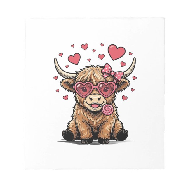 Cute Highland Cow Valentine Heart Glasses Vector_1 Notepad (Front)