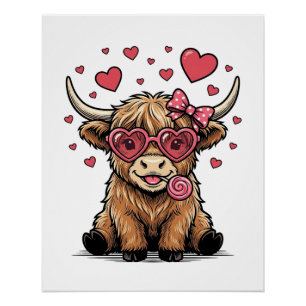 Cute Highland Cow Valentine Heart Glasses Vector_1 Poster