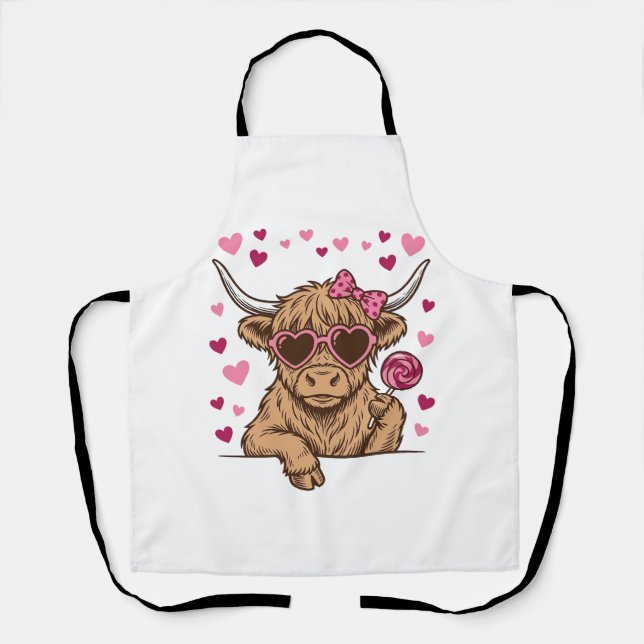 Cute Highland Cow Valentine Sunglasses Vector Desi Apron (Front)