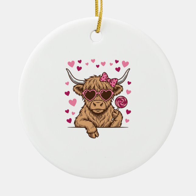 Cute Highland Cow Valentine Sunglasses Vector Desi Ceramic Tree Decoration (Front)