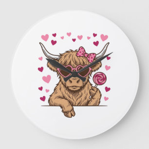 Cute Highland Cow Valentine Sunglasses Vector Desi Large Clock