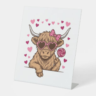 Cute Highland Cow Valentine Sunglasses Vector Desi Pedestal Sign