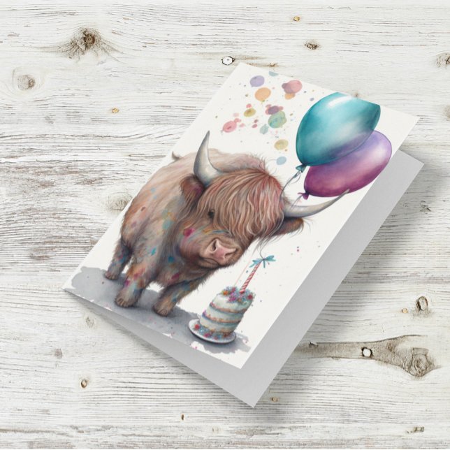 Cute Highland Cow Watercolor Birthday Balloons   Card (Creator Uploaded)