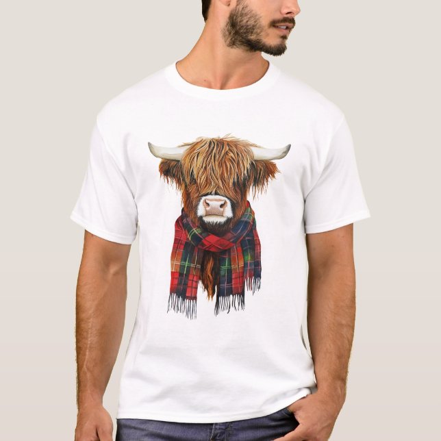 Cute Highland Cow Wearing Buffalo Plaid Scarf Farm T-Shirt (Front)