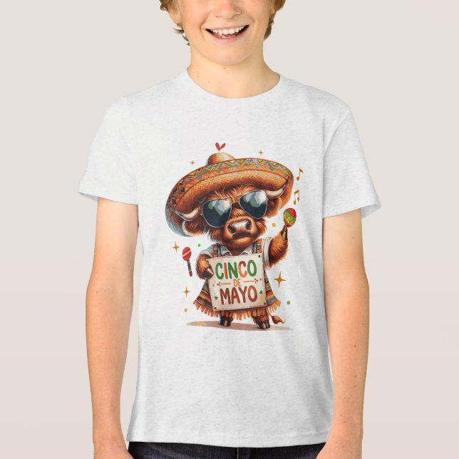 Cute Highland Cow Wearing Poncho Cinco De Mayo Par Tri-Blend Shirt (Front)