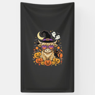 Cute Highland Cow Witch Halloween Pumpkin Party Banner
