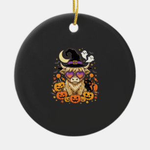 Cute Highland Cow Witch Halloween Pumpkin Party Ceramic Tree Decoration