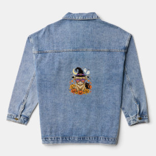 Cute Highland Cow Witch Halloween Pumpkin Party Denim Jacket