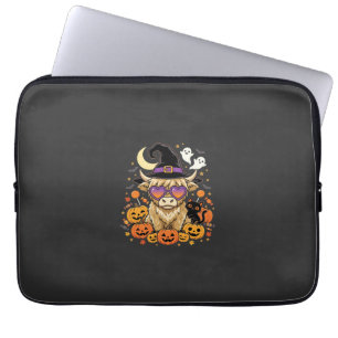 Cute Highland Cow Witch Halloween Pumpkin Party Laptop Sleeve