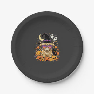 Cute Highland Cow Witch Halloween Pumpkin Party Paper Plate