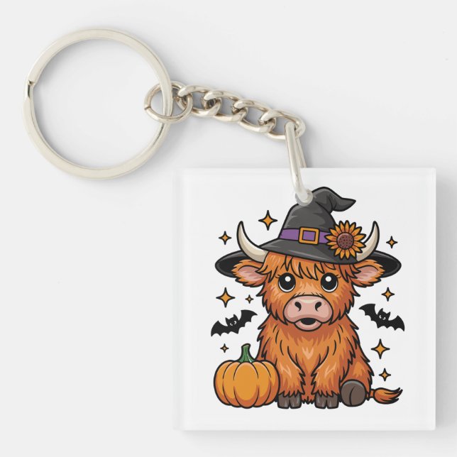 Cute Highland Cow Witch with Pumpkin Halloween  Key Ring (Front)