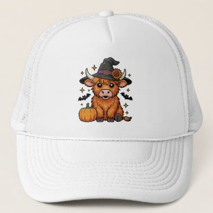 Cute Highland Cow Witch with Pumpkin Halloween Trucker Hat