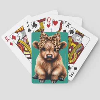 Cute Highland Cow with Bow Playing Cards Green