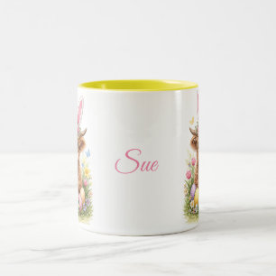 Cute Highland Cow with Bunny Ears Easter Two-Tone Coffee Mug