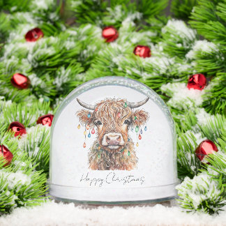 Cute Highland Cow with Christmas Lights  Snowglobe