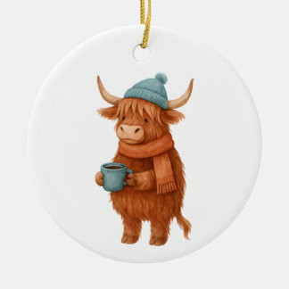 Cute Highland Cow with Coffee – Cosy Winter Ceramic Tree Decoration