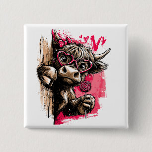 Cute Highland Cow with Heart Glasses and Lollipop 15 Cm Square Badge