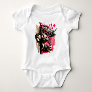 Cute Highland Cow with Heart Glasses and Lollipop Baby Bodysuit
